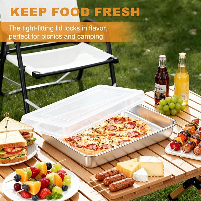 Stainless Steel Baking Pan with Lid, 12⅓ x 9¾ x 2 Inch Deep Rectangle Cake Pans with Cover for Cakes, Brownies, Cookies, Deep Side & Heavy Duty,Dishwasher & Fridge & Oven Safe(2 Pans + 2 Lids)