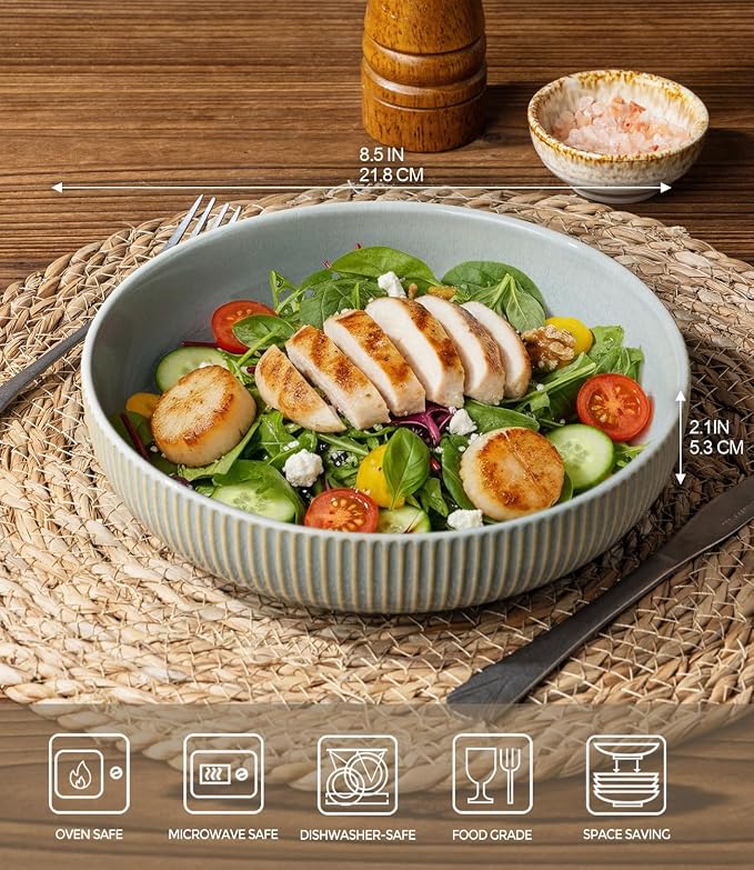 8.5" Ceramic Pasta Bowls Set of 4, Salad Bowls | Versatile Serving Bowls for Pasta, Salad, Fruit & Noodles, Housewarming & Wedding Gift, Desert Sage