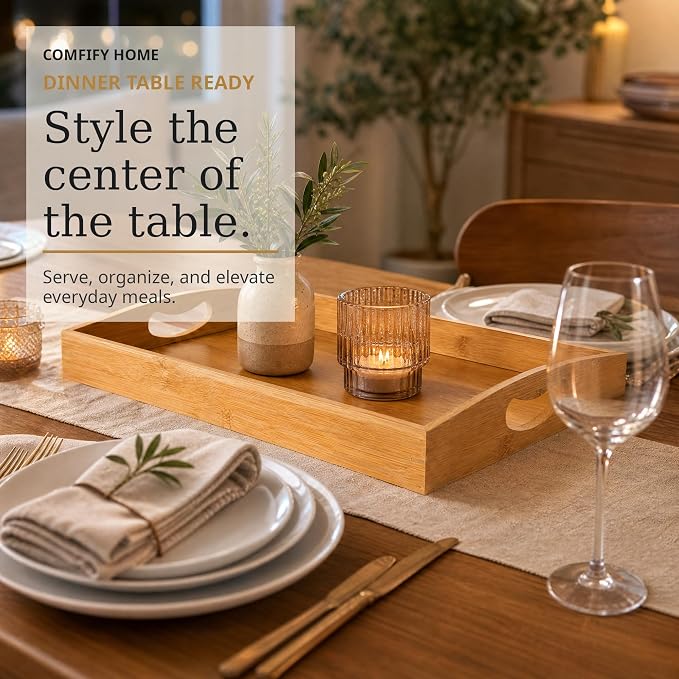 Comfify Bamboo Serving Trays – Set of 3 Ottoman Trays for Food, Entertaining, and Decor – Minimalist Design | Natural bamboo wood; for coffee table, breakfast tray and bathroom organizer; S: 12", M: 14.5", L: 16.25" – hand wash only