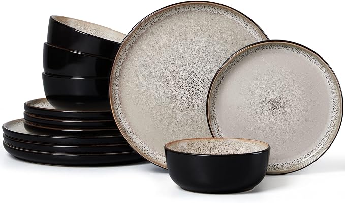 LIANYU Ceramic Dinnerware Set, 12 Piece Plates and Bowls for 4, Tidal Khaki | Porcelain Ceramic Dishes Set, Dishwasher & Microwave Safe Stoneware, Chip and Scratch Resistant Kitchen Dishware Set