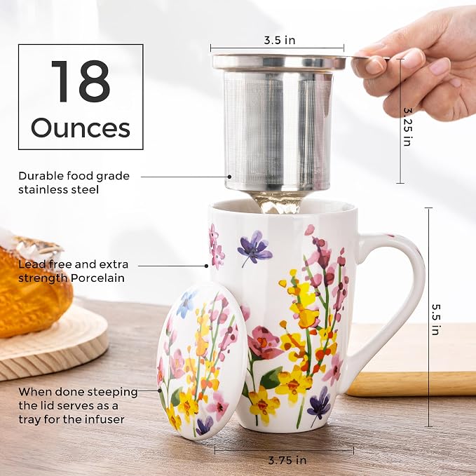 GBhome Tea Mug with Infuser and Lid,18 Ounce Ceramic Loose Leaf Cup Steeper | Lead-Free Glaze For Tea Lovers,Microwave & Dishwasher Safe with Tea Strainer