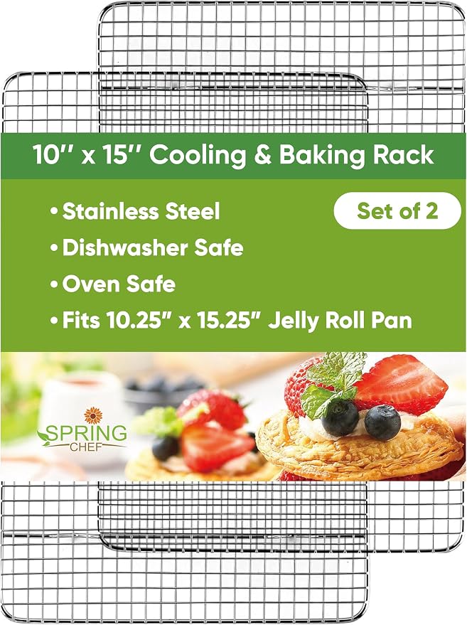 Spring Chef 10" x 15" Stainless Steel Cooling Rack for Baking, Set of 2 | Heavy Duty Cookie Cooling Rack for Kitchen, Oven Safe Wire Rack for Baking, Fits Jelly Roll Pan, Dishwasher Safe