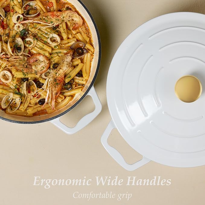 CAROTE 3.5QT Enameled Cast Iron Braiser Pan, Shallow Floral Dutch Oven Casserole Skillets, Non-Toxic Cast Iron Pot with Lid for Baking, Dual Handles, All Stovetop Compatible, White & Blue