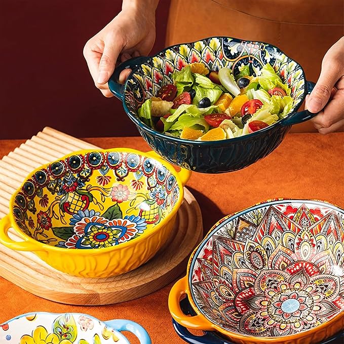 XKXKKE 5 Pack Boho Ceramic Serving Bowls with Handles, 40 Oz Porcelain Salad Bowls, Large Serving Dishes for Entertaining, Mixing Bowls for Soup, Stew, Pasta, Cereal, Colorful Embossed Cute Bowls Set