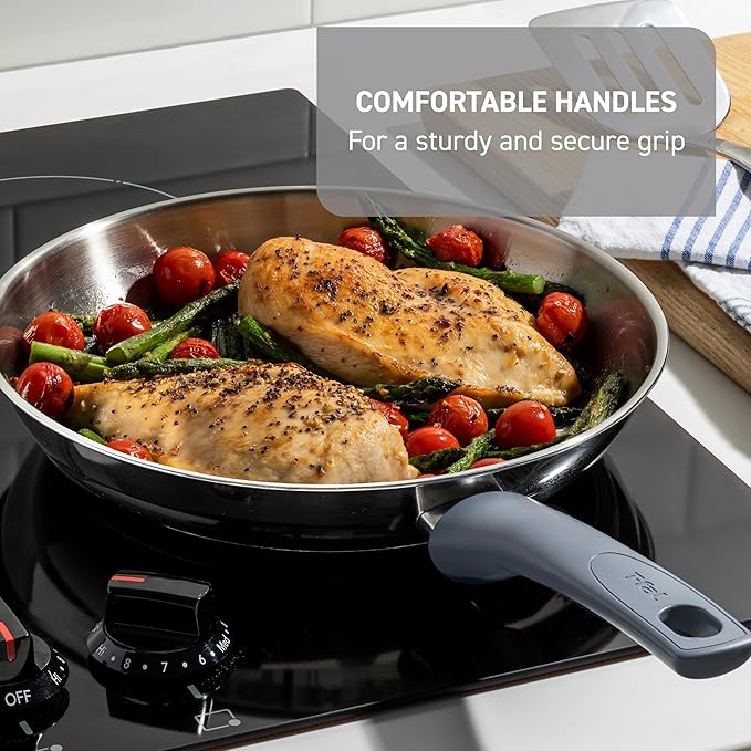 T-fal Essentials Stainless Steel Frying Pan, 10.5 in Induction Skillet | Oven safe to 350 F, Even heat base prevents hot spots, Dishwasher safe, Ergonomic ocean blue handle, Sears steaks and fillets