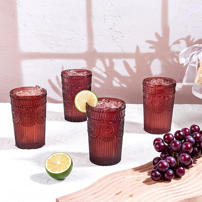 Ciaell 12 Pack Burgundy Plastic Water Glasses for Parties Dinners | 14 oz Burgundy Embossed Ribbed Vintage Drinking Cups, Heavy Duty Plastic, Beer Juice Cocktails for Outdoor Bars Showers