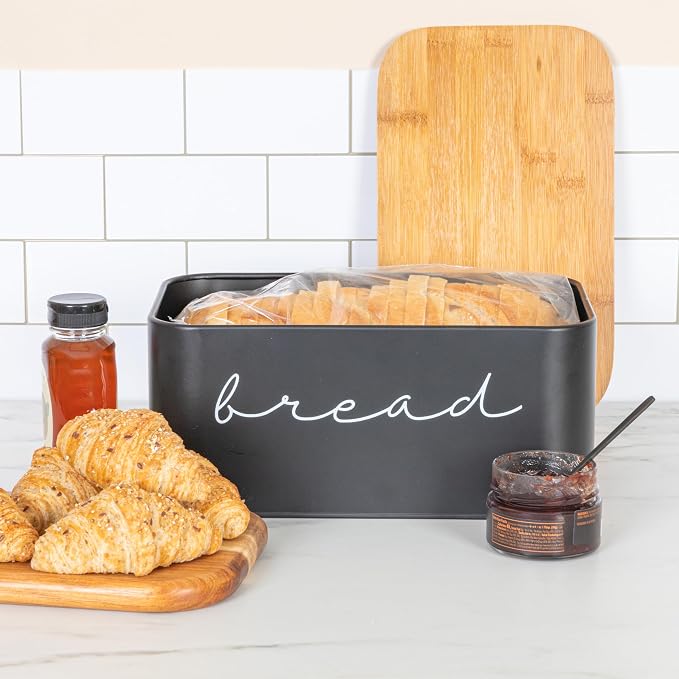 Bloomingville Metal bread Bin with Bamboo Lid, Black (Pack of 3)