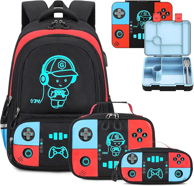 Backpack for School Boys, Cool Luminous Gamer Boys Schoolbag | with Lunch Box & Pencil Case Set for Kids Teens Elementary Middle School, Bookbag Glow In The Dark