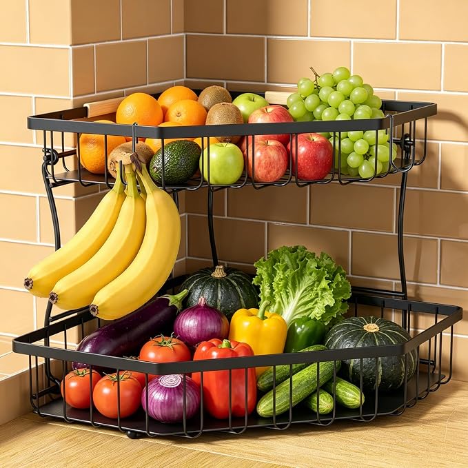 2 Tier Fruit Basket Extra Large with 2 Banana Hangers for Corner | Detachable Metal Fruit Bowl with Wooden Handle, Large Capacity Fruit Stand for Bread Fruit and Vegetable Storage, Black