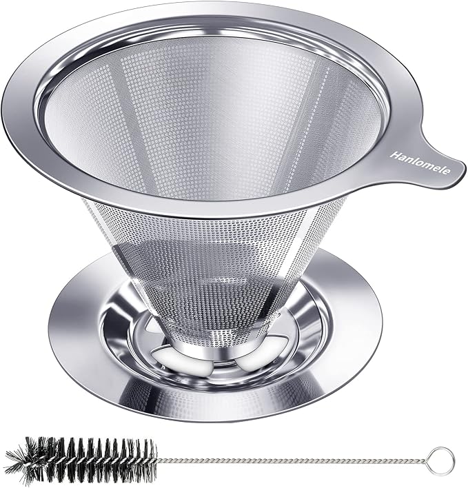 Hanlomele Pour Over Coffee Dripper, Paperless Reusable Coffee Filter, Pour Over Coffee Maker for Single Cup Brew, Double Mesh Design of Stainless Steel Cone Filter for Perfect Extraction (1-4 Cup)
