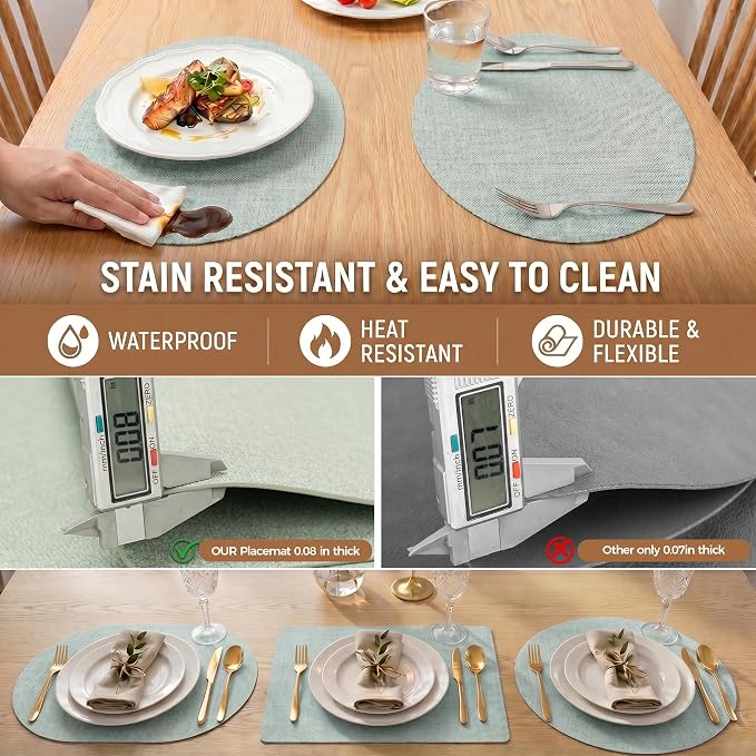 Faux Leather Placemats Set of 4, Wipeable Waterproof Stain Resistant Table Mats, Heat Resistant Thick Placemats with Hand-Painted Edges for Kitchen Dining, Imitative Linen Texture, Various Shapes