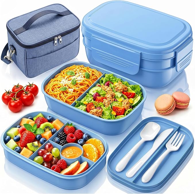 HOMETALL Bento Box Adult with Insulated Lunch Bag - 3 Stackable Leak-Proof Lunch Box Containers for Women & Men - BPA Free Lunchbox with Utensil Set (Spoon, Knife, Fork) for Work, Picnic, Dining Out