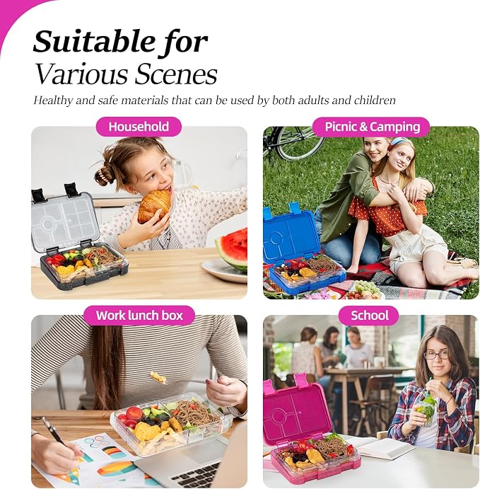 Bento Lunch Box for Kids, 5/6 Compartments, Shiny Purple and Clear | Dishwasher Safe Back to School Snack Bento Lunch Containers Boxes, Ideal Portion Sizes for On-the-Go Meal, Ages 3+, School