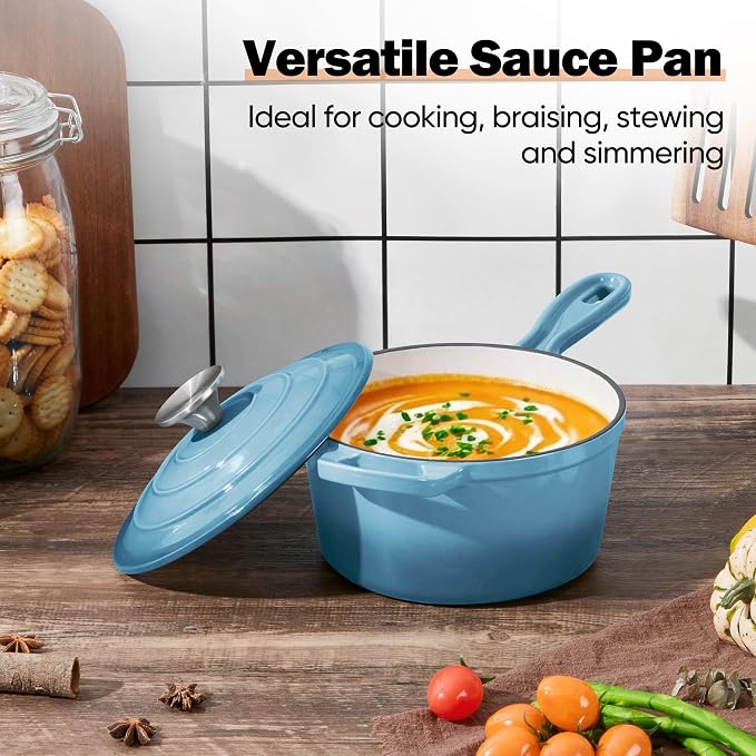 Homikit Small Cast Iron Pot, 1 QT Enameled Cast Iron Sauce Pan with Lid, Heavy Duty Enamel Dutch Oven Kitchen Cookware for Making Pasta, Boiling Soup, Warming Milk, Nonstick & Oven Safe, Sky Blue