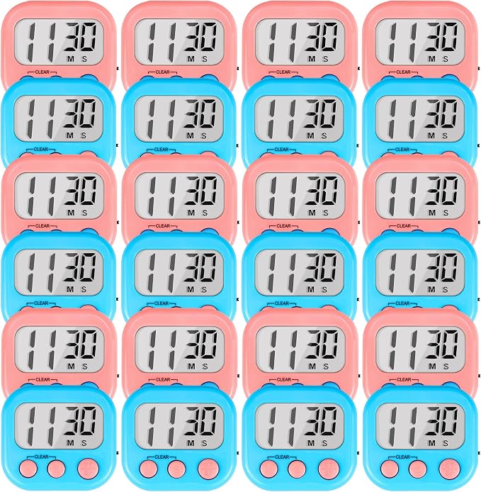 Timer for Kids Digital Kitchen Timers for Cooking- 24 Pack Blue Pink | Countdown Timer for Classroom Study Exercise Teacher Supplies, Strong Magnetic, Loud Alarm, Large Screen, Fast Reset, Memory