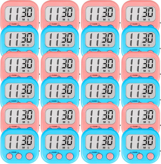 Timer for Kids Digital Kitchen Timers for Cooking- 24 Pack Blue Pink | Countdown Timer for Classroom Study Exercise Teacher Supplies, Strong Magnetic, Loud Alarm, Large Screen, Fast Reset, Memory