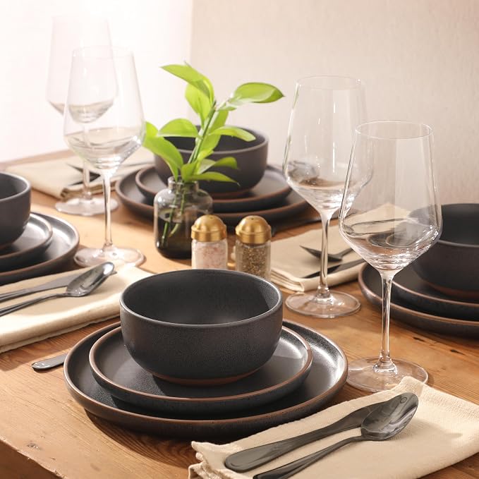 Gibson Elite Abbey Circle 12 Piece (Service for 4) Plates and Bowls Reactive Matte Glaze Dishes Stoneware Ceramic Dinnerware Set - Navy Blue