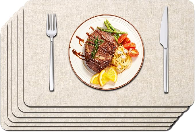 Maxpearl Faux Leather Placemats Set of 6, Easy to Clean, Beige | Waterproof - Heat Resistant - Non Slip - Wipe Clean Dining Table Place Mats, Suitable for Indoor & Outdoor Use, 17''×12''