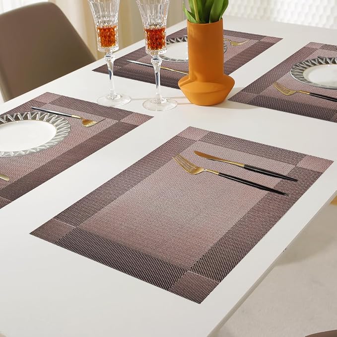 Vinyl Placemats Heat-Resistant Table Mats Washable Easy Clean Plastic Placemats for Dining Table Set of 4 (Brown)