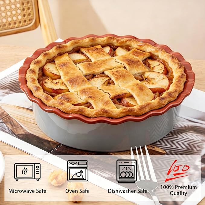 9 Inch Ceramic Pie Pan for Baking - 60 OZ Deep Stoneware Baking Dish -Oven to Table Farmhouse Style Pie Plate for Apple Pie,Tart, Quiche, Chicken Pot Pie(Sky Blue)