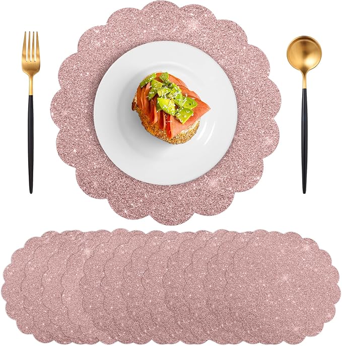 60Pcs Rose Gold Glitter Paper Placemats, Disposable Scalloped Placemat | 13.5 Inch Round Sparkle Table Place Mats Decorative Paper for Baby Shower Tea Garden Party Wedding Birthday Banquet