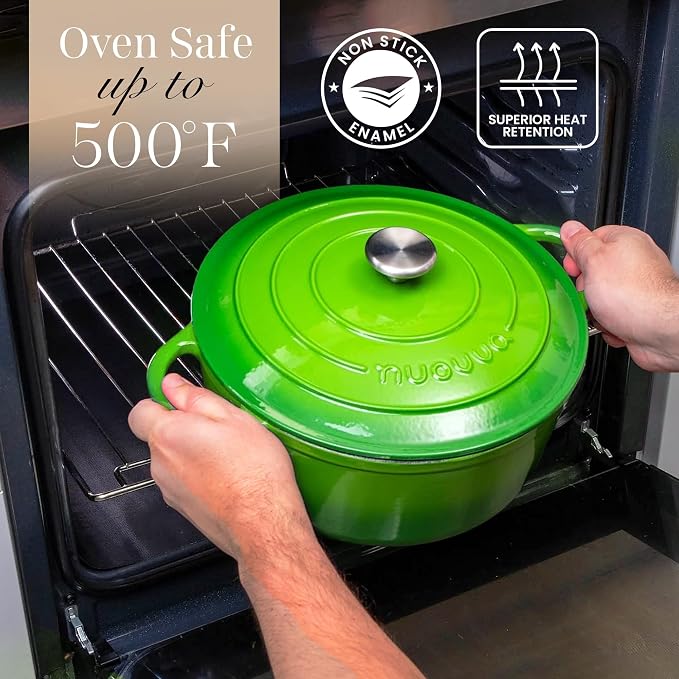 Cast Iron Pot with Lid-Non-Stick Ovenproof Enamelled Casserole Pot, Oven Safe up to 500° F-Sturdy Dutch Oven Cookware - Green, 5-Quart, 24cm-by Nuovva