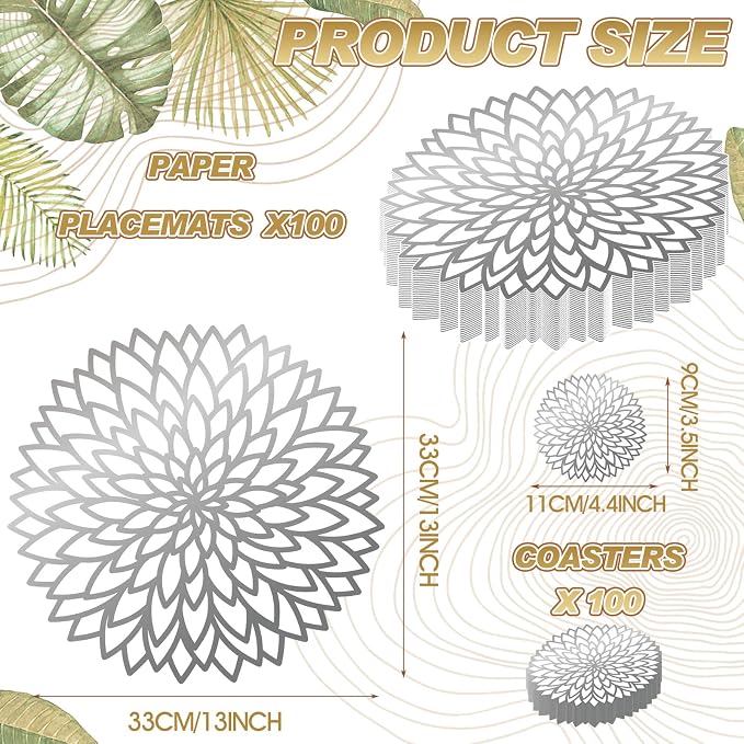 Geosar 200 Disposable Paper Placemats and Coasters Set Summer Hawaiian Luau Placemat with Coasters Outdoor Indoor for Greenery Jungle Dining Table Decoration Shower Birthday(Silver Metallic)