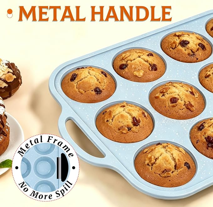 Silicone Muffin Pan, Metal Frame Regular Cupcake Pan Silicone Molds 12 Cups | 2.8 Inch, with Handle, BPA Free, Nonstick, Oven Dishwasher Safe, Food-Grade Silicone, Heat-resistant: -104°F to 446°F, 1 Pc