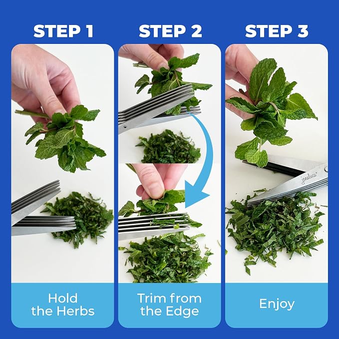 5-Blade Herb Scissors, Stainless Steel Kitchen Shears, Black | Cut & chop fresh herbs & leafy greens efficiently. Perfect salad scissors. Includes cleaning comb & safety cover.