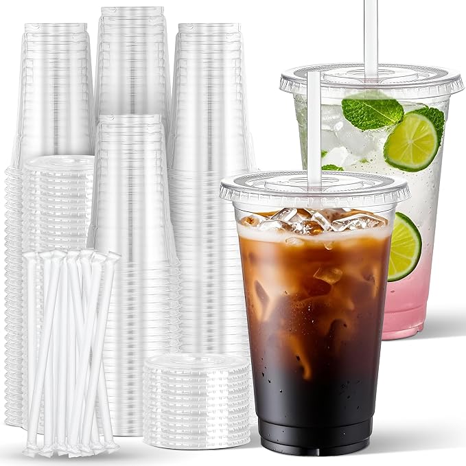 Charmount 24 oz Clear Plastic Cups with Lids and Straws | 100 Sets Disposable To Go Cups for Cold Drinks, Iced Coffee, Coffee Bar Accessories, Smoothies