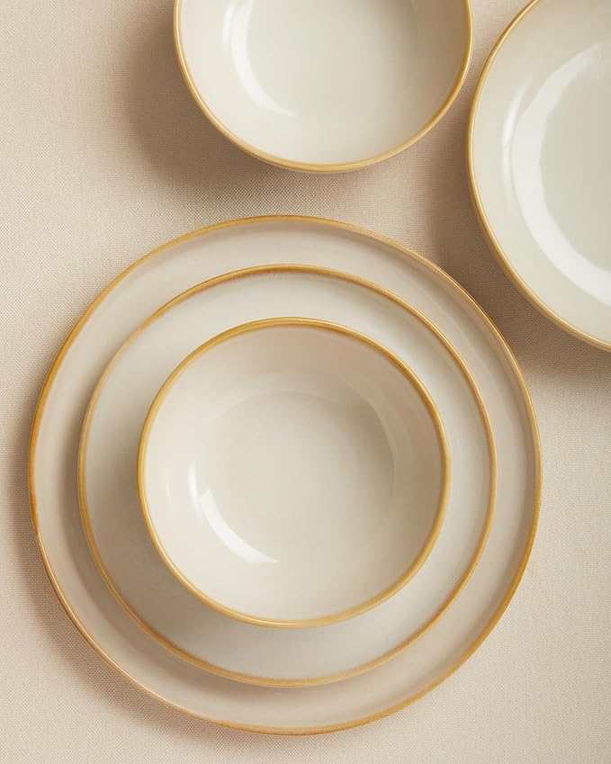 Plates and Bowls Sets, 16 Pieces Dinnerware Set for 4 with Pasta Bowls, Handmade Dishes Set, Chip Resistant Dishware Sets, Microwave Safe Dinner Set, Designed for Interactive Meal, Yellow White