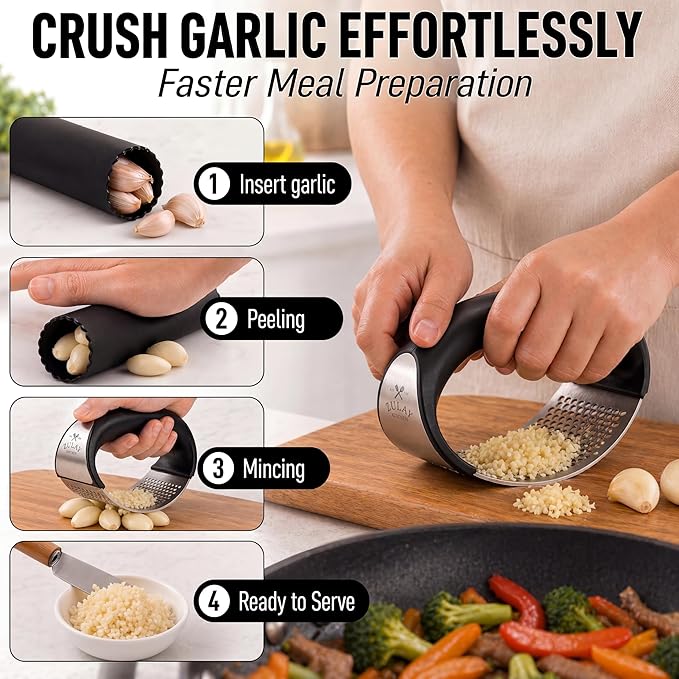 Zulay Kitchen Stainless Steel Garlic Press Rocker Set - Premium Garlic Mincer Garlic Crusher - New Innovative Garlic Crusher with Peeler and Scraper - Comfortable Grip (Black)