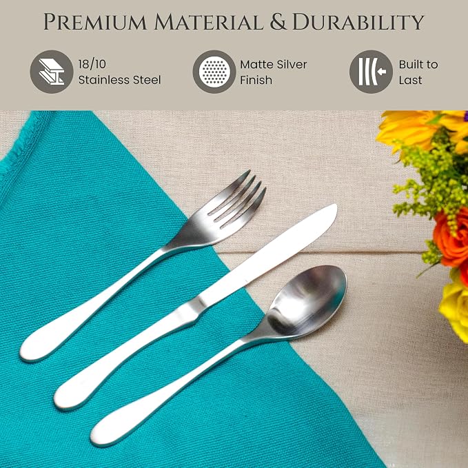Knork Silverware Set - 20 Piece Matte Silver Cutlery set - Ergonomic Design Utensil sets, 18/10 Stainless Steel Forks Spoons and Knives set