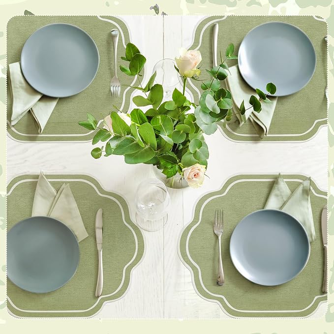 6 Pcs Sage Green Wedding Placemats Scalloped Embroidered Cotton Linen Placemats 17" x 13" Double Layered Machine Washable Table Place Mat for Party Table Decor (Cotton)