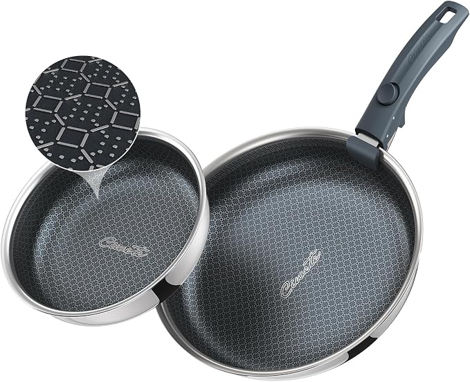 Hybrid Non Stick Frying Pans Set 3-Piece, 8 & 10 Inch Tri-Ply Stainless Steel Pans Set with Detachable Handle, PFOA Free Kitchen Skillets for All Cooktops, Dishwasher & Oven-Safe Cooking Pan