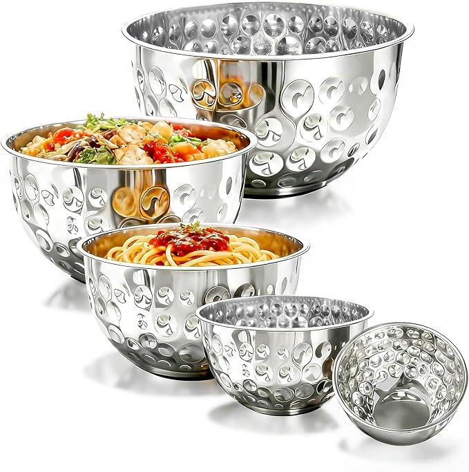 5-Piece Stainless Steel Mixing Bowls Set | 4.9/4.2/3.2/2.1/1.6QT, Hammered Design, Food-grade, for Kitchen Meal Prep, Baking, Movie Night, Party