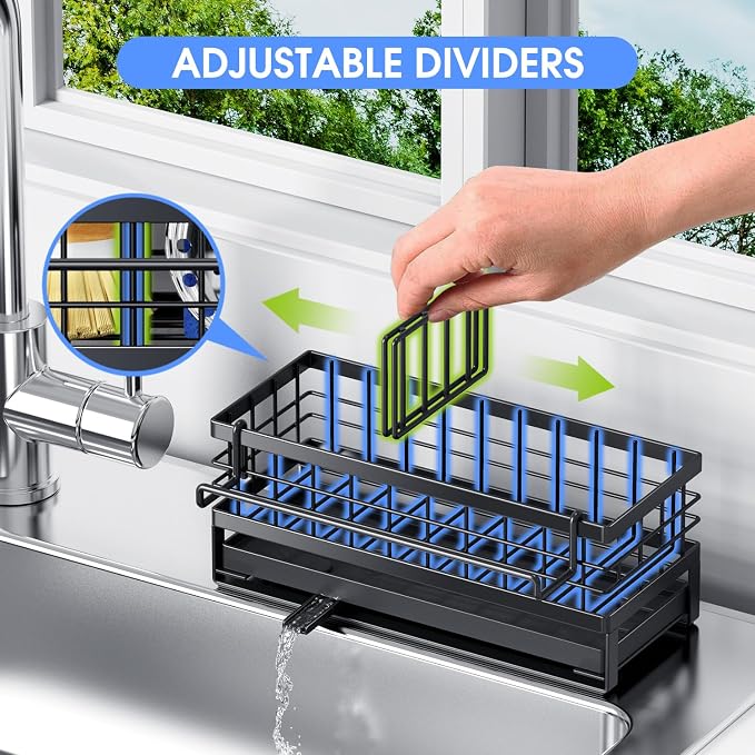 Metal Kitchen Sink Sponge Holder, Countertop Sink Caddy, Black | Rustproof Kitchen Caddy Sink Organizer, Non-Slip Sponge Caddy with 360° Self-Draining Tray, Detachable Dish Cloth Holder