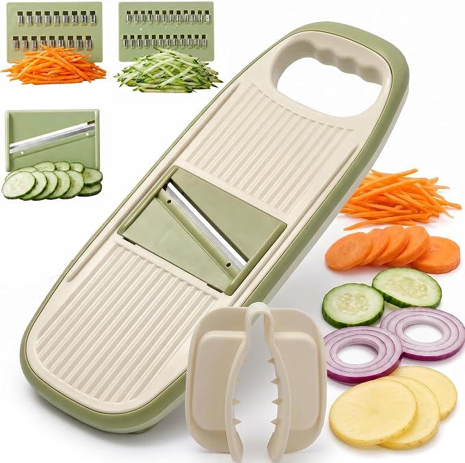 NACOLUS Handheld Mandoline Slicer for Kitchen,3 Blades with Hand Guard | cute avocado-style vegetable slicer,3 blades,self-stores blades,safety guard,perfect for small kitchens,gifts