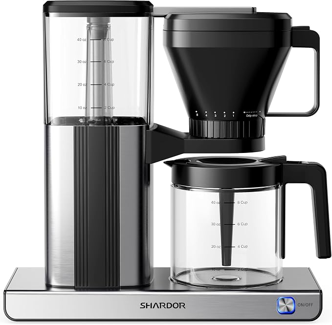SHARDOR 8-Cup Drip Coffee Maker with Reusable Filter and Glass Coffee Pot，Black and Sliver