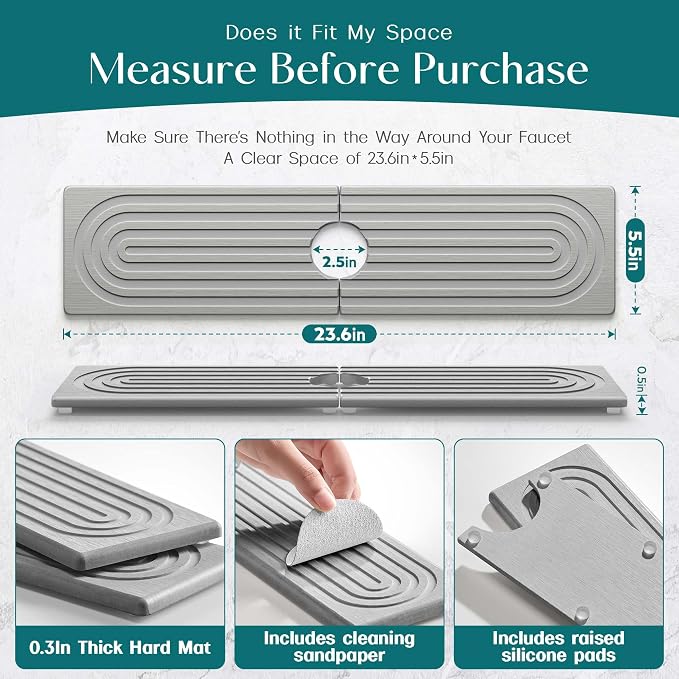 Kitchen Faucet Absorbent Mat - Large Diatomaceous Earth Splash Guard for Sink Faucet, Aesthetic Water Absorbing Stone Tray in The Modern Home (Grey, 23.6" x 5.5")