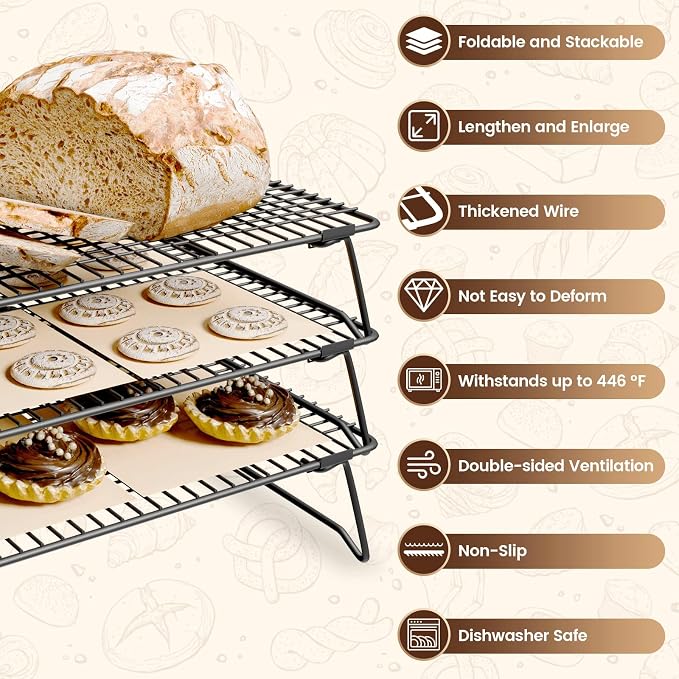 Cooling Racks for Cooking and Baking, 3-Tier Stackable 17x11 Inch | Cookie Cooling Rack for Baking, Wire Baking Rack for Cookies, Cakes and Bread, Tiered Design for Countertop Space Saving