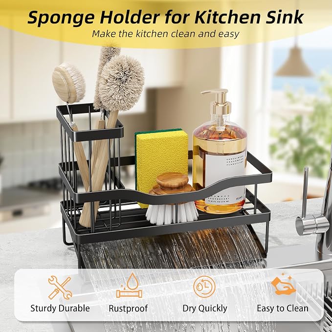 Sponge Holder for Kitchen Sink, Mecyfaty Sink Caddy with Self Drain Tray, Kitchen Sink Organizer, Stainless Steel Countertop Sink Sponge Holder for Dish Soap Kitchen Organizers and Storage Accessories