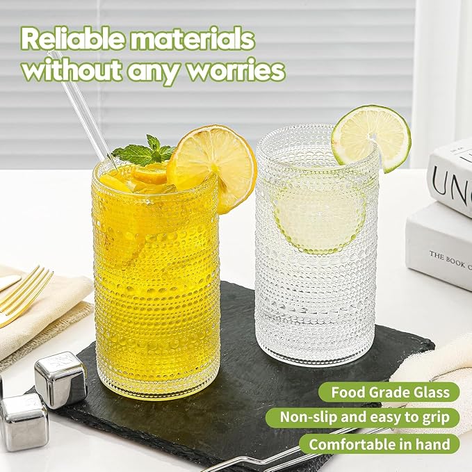 16oz Clear Hobnail Drinking Glasses with Straws Set of 12, Highball Glasses Cups, Kitchen Water Glasses Cup, for Cocktail, Juice, Whiskey, Milk and Various Mixed Drinks