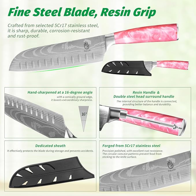FULLHI 15pcs Japanese Knife Set with Magnetic Knife Block Holder, Japan Stainless Steel Blades, Ergonomic Handles for Professional and Home Cooking (Pink, Knife set)