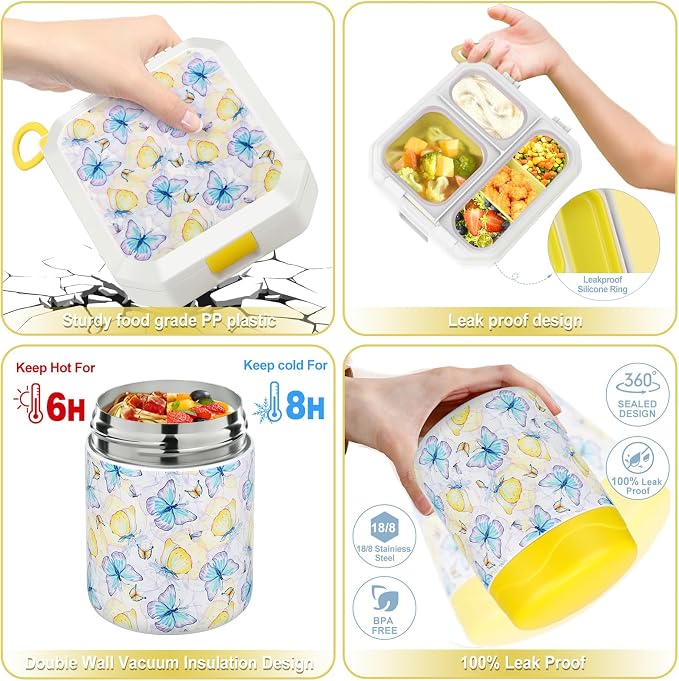 wiwens Bento Lunch Box for Kids with 12oz Soup Thermo Leak-Proof Lunch Food Container with 5 Compartment Thermo Hot Food Jar and Insulated Lunch Bag for Kid Toddler Girls Boys to School