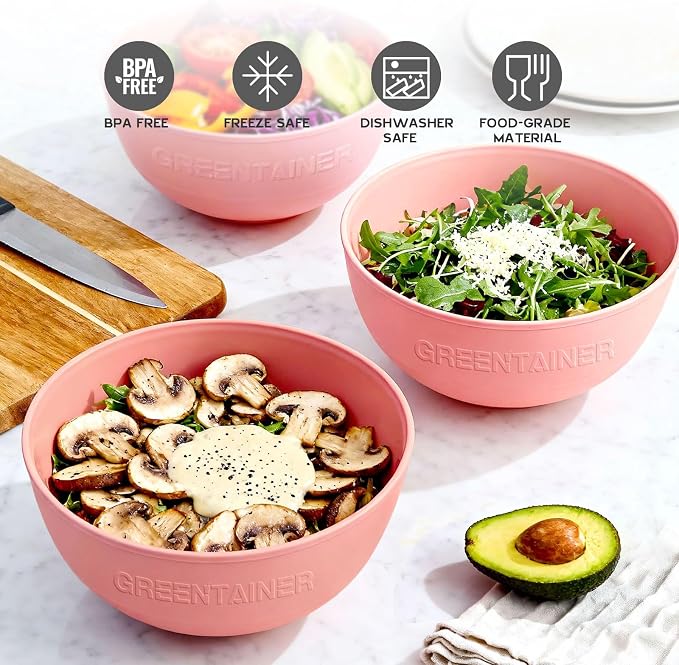Greentainer 3 Pack Large Plastic Bowls, 135oz Plastic Salad Bowls - Reusable Serving Bowls for Party, Picnic, Entertaining, Kitchen & Outdoor, Microwave & Dishwasher Safe (Pink)