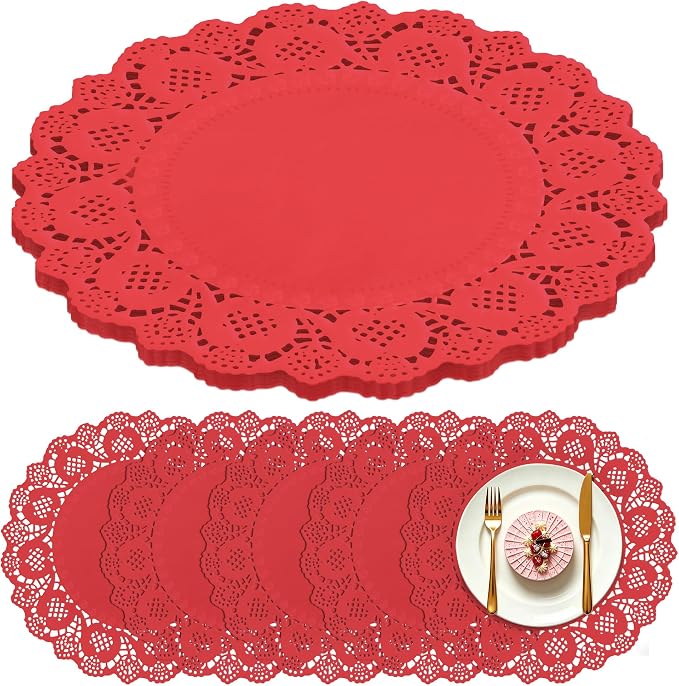 100 Pack 13.5 Inch Round Red Paper Doilies, Disposable Lace Placemat | Rustic Scallop Doily Table Pads, Heavy-Duty Paper Place Mats for Cakes, Crafts, Parties, Weddings, Buffet, Home Decor