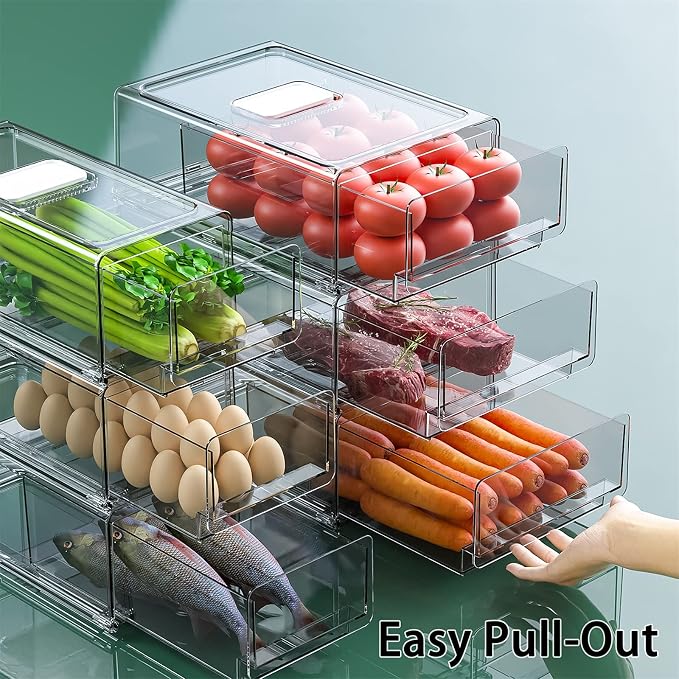 YekouMax Pantry Organization and Storage Bins, Refrigerator Organizer, Plastic Stackable Storage Bins with Drawers, Pull-Out Cabinet Containers for Fridge Kitchen Office (2 PACK, 11.81"x5.31"x 4.52")