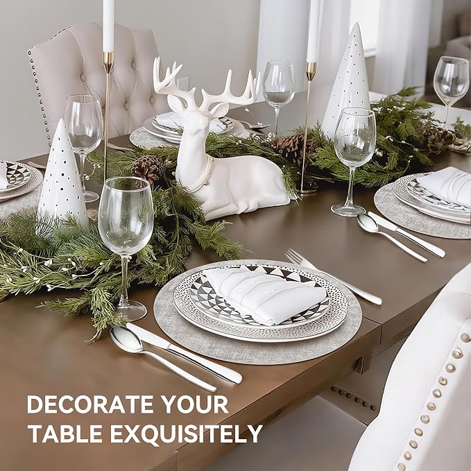 13" Round Placemats Set of 6, Reversible Faux Leather Wipeable Table Mats | 2mm Vinyl Heat Resistant, Waterproof Oilproof Scratch Proof Non-Slip, Washable for Kitchen Dining Indoor Outdoor (Light Grey)