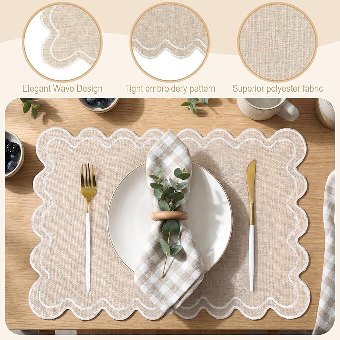 Linen Placemats Set of 12 Scalloped Placemat 13 X19 Wavy Embroidery Double Layered Washable Farmhouse Dinner Fabric Table Mat Napkin for Wedding Party Restaurant(Regular,Cream)
